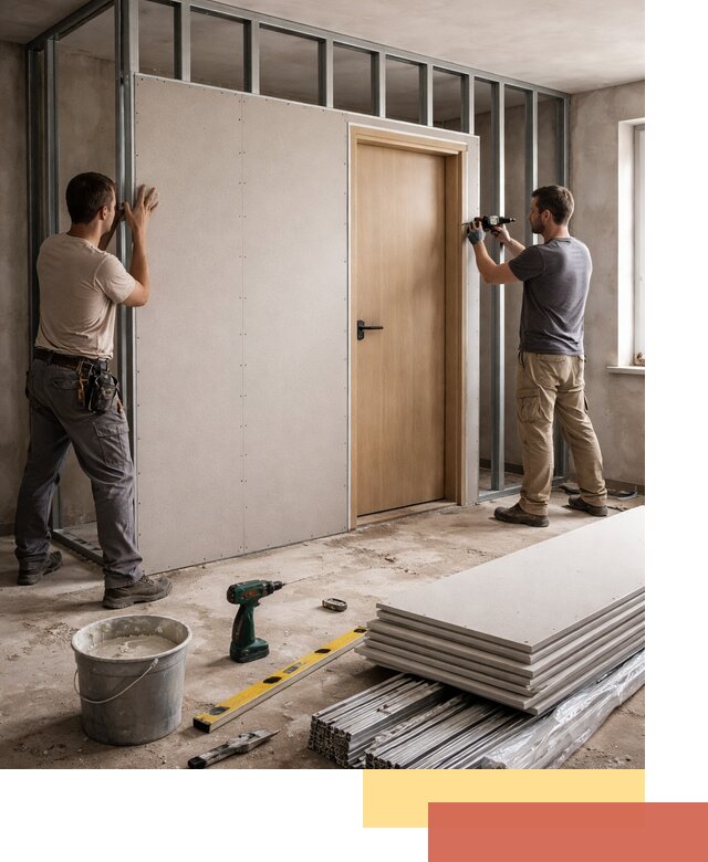 Перегородка из гипсокартона с дверью под ключ в Искитиме