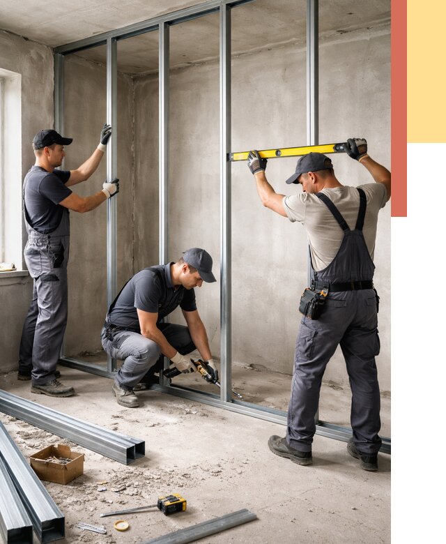 Монтаж каркаса перегородки из профиля в Искитиме от 764 руб. | ОТДЕЛОЧНИК-Скм