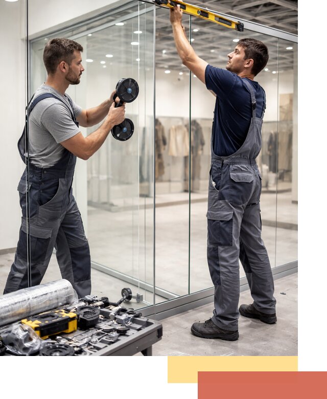 Стеклянные перегородки для магазинов в Искитиме — монтаж и установка