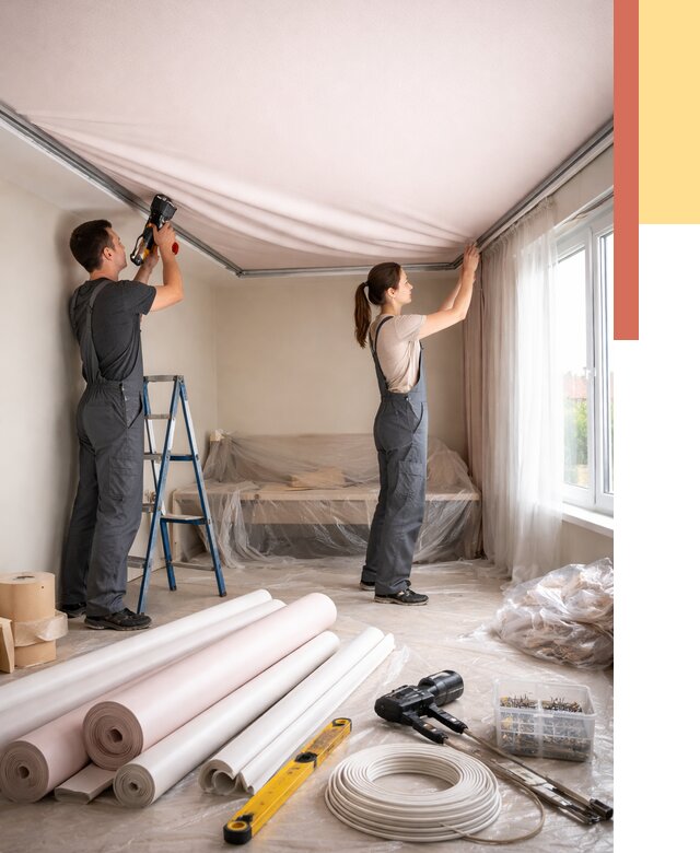 Монтаж цветного натяжного потолка в Искитиме от 4281 руб/м² — быстро и недорого | ОТДЕЛОЧНИК-Скм