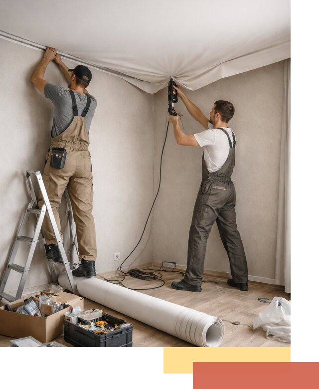 Монтаж цветного натяжного потолка в Искитиме за один день