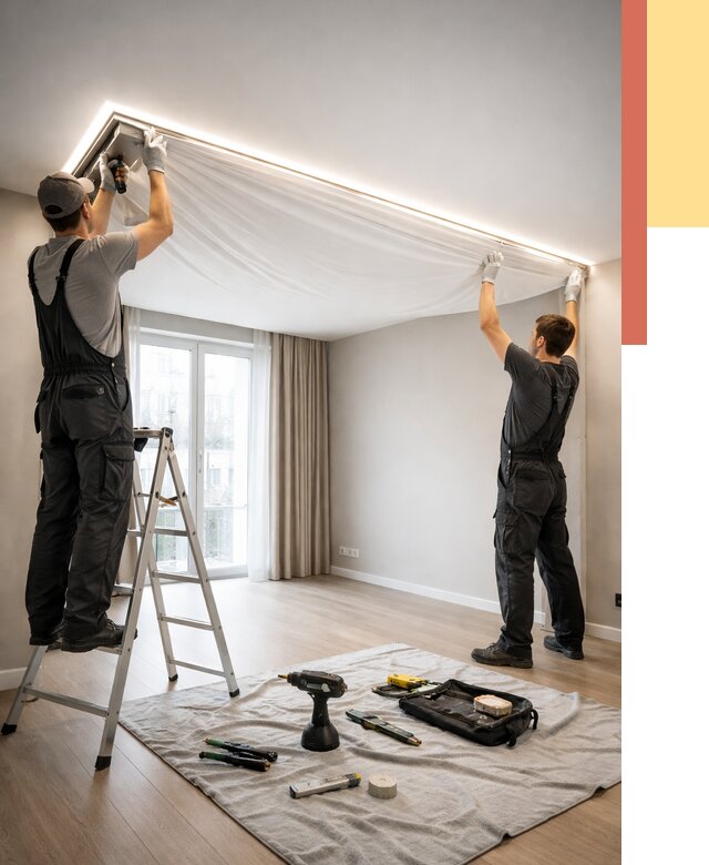 Монтаж парящего натяжного потолка в Искитиме от 4586 руб. быстро и недорого | ОТДЕЛОЧНИК-Скм