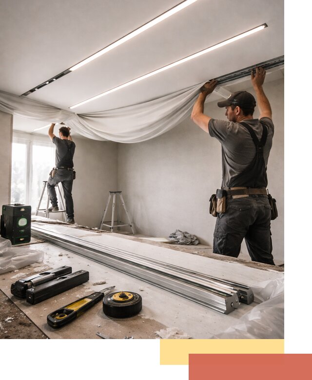 Монтаж натяжных потолков со световыми линиями в Искитиме