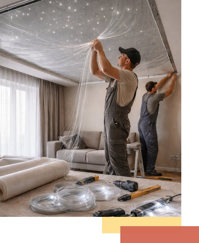 Монтаж натяжного потолка «Звездное небо» в Искитиме