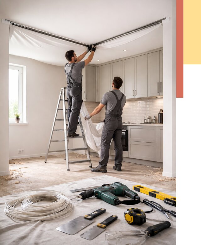 Установка натяжного потолка на кухне в Искитиме от 2446 руб. | ОТДЕЛОЧНИК-Скм