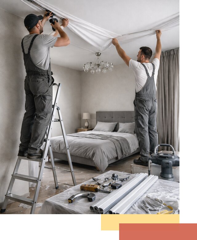 Монтаж натяжного потолка в спальне в Искитиме