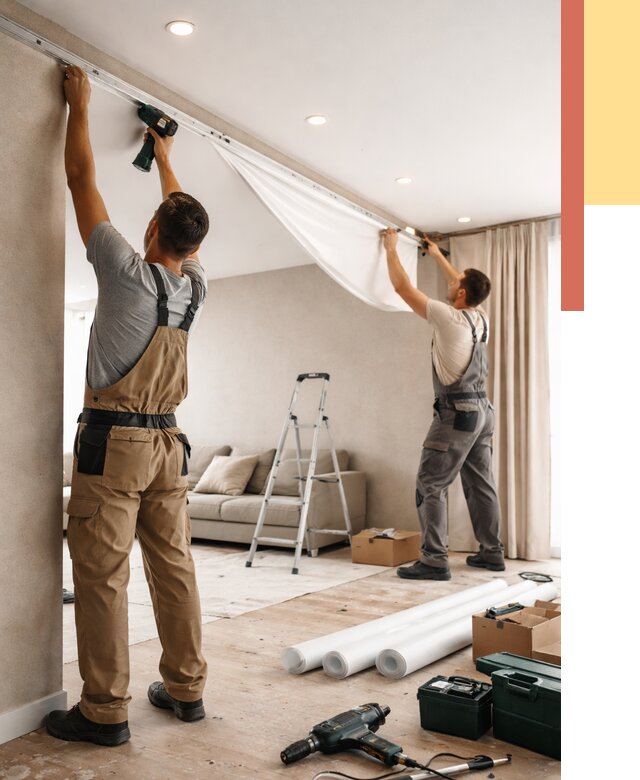 Монтаж натяжного потолка в гостиной в Искитиме от 561 руб. | ОТДЕЛОЧНИК-Скм