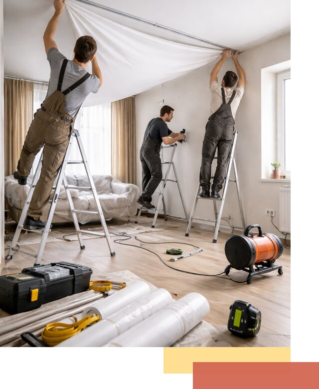 Монтаж натяжного потолка в гостиной в Искитиме