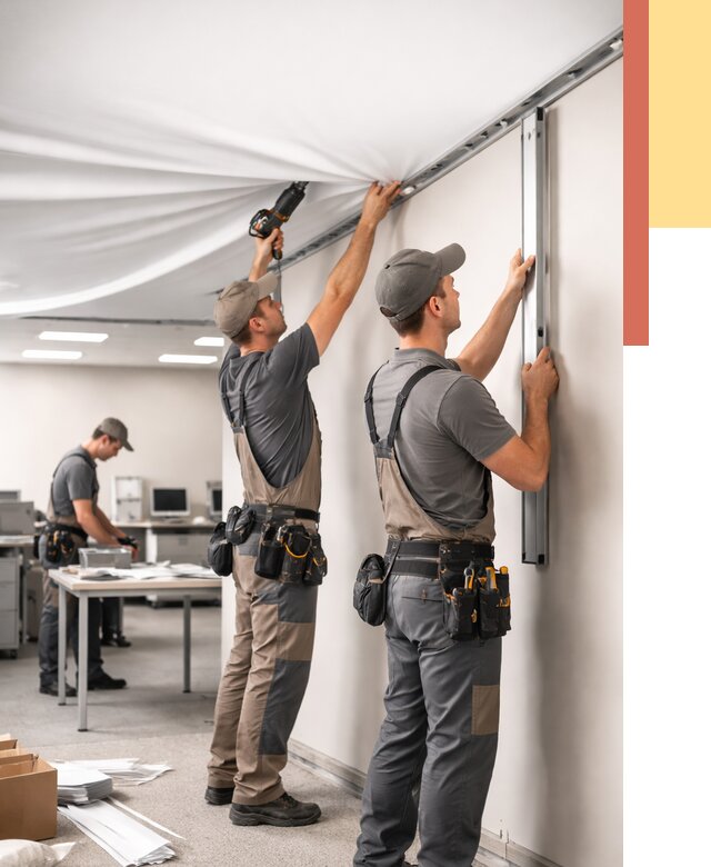 Монтаж натяжного потолка в офисе в Искитиме от 459 руб/м² — быстро и недорого | ОТДЕЛОЧНИК-Скм