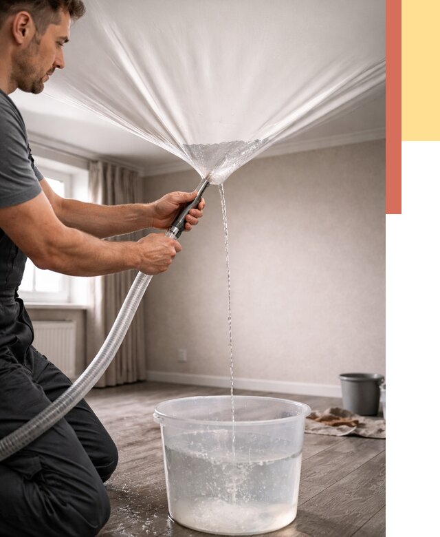 Слив воды с натяжного потолка в Искитиме от 2548 руб. быстро и недорого | ОТДЕЛОЧНИК-Скм