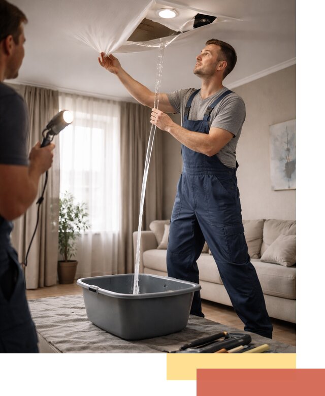 Слив воды с натяжного потолка в Искитиме быстро и аккуратно